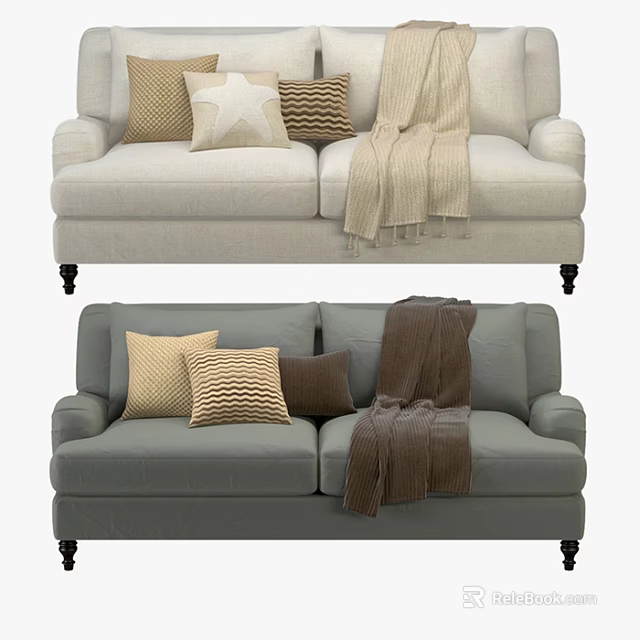 Beige And Gray Two Seater Sofa With Decorative Pillows And Cozy Blankets 3d model