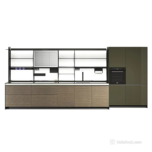 Modern Kitchen Cabinets With Wooden Dark Panels Glass Doors Open Shelves And Oven 3d model 