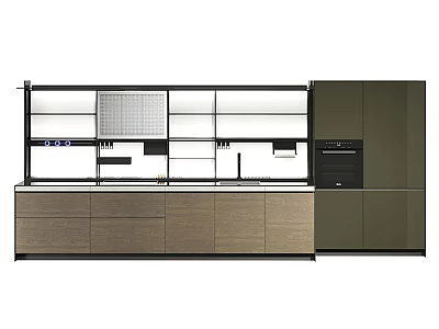 Modern Kitchen Cabinets With Wooden Dark Panels Glass Doors Open Shelves And Oven 3d model