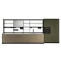 Modern Kitchen Cabinets With Wooden Dark Panels Glass Doors Open Shelves And Oven