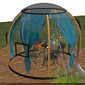 Outdoor Glass Dome Restaurant with Starry Sky Grass Moon Decorations Wooden Platform Tables Chairs Lighting