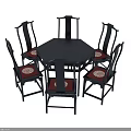 Chinese Style Hexagonal Dining Table With Six Wooden Chairs And Red Cushions