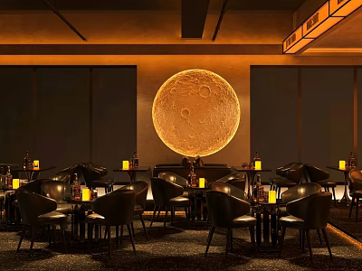 Warm Toned Modern Bar Interior With Large Moon Lamp And Cozy Tables 3d model