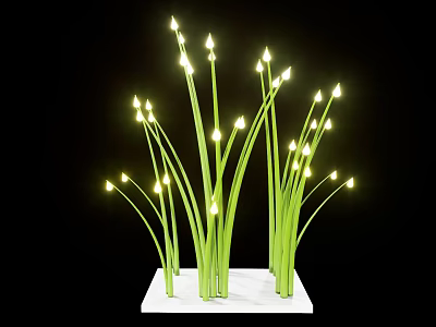 Decorative Ornament Set With Green Grass Like Stems And Small Yellow Lights On White Base 3d model