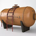 Yellow Industrial Storage Tank with Rusted Surface Red Ladder Red Valve and Base Supports