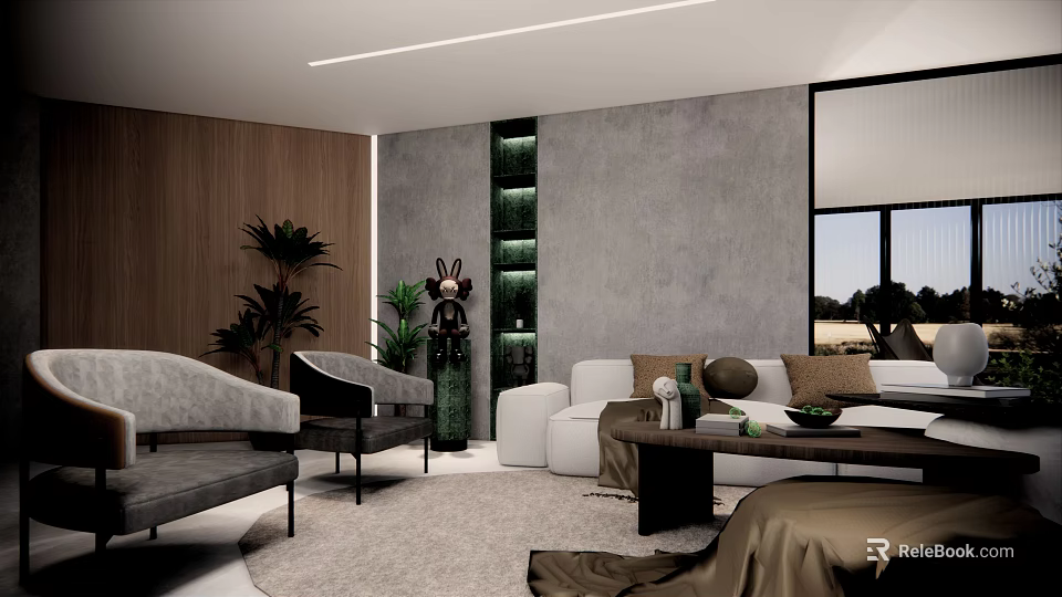 Modern Living Room Interior Design With White Sofa Grey Wall Wooden Accent And Green Plants 3d model 
