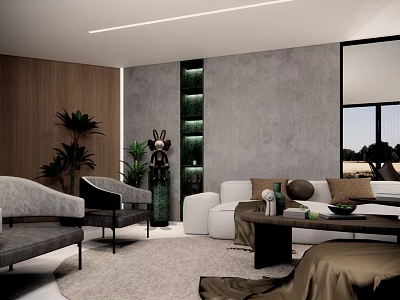 Modern Living Room Interior Design With White Sofa Grey Wall Wooden Accent And Green Plants 3d model