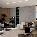 Modern Living Room Interior Design With White Sofa Grey Wall Wooden Accent And Green Plants