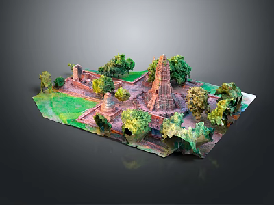 Cartoon Scene of Ancient Temple with Towers Trees Green Grass and 3d model