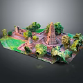 Cartoon Scene of Ancient Temple with Towers Trees Green Grass and