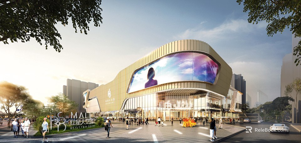 Vibrant Commercial Street With Modern Glass Facade Large Digital Screen And Shoppers 3d model 