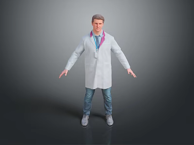 Man in White Lab Coat Lanyard Blue Jeans Gray Shoes Arms Outstretched on Gray Background 3d model