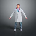 Man in White Lab Coat Lanyard Blue Jeans Gray Shoes Arms Outstretched on Gray Background