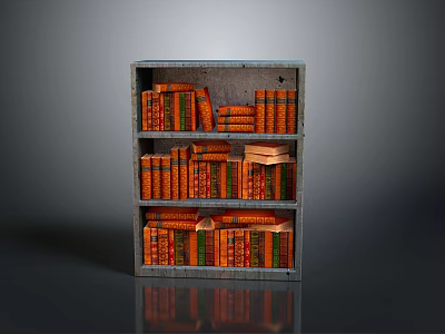 Gray Wooden Multi - tiered Bookcase Filled With Orange And Red Books On Gray Background 3d model