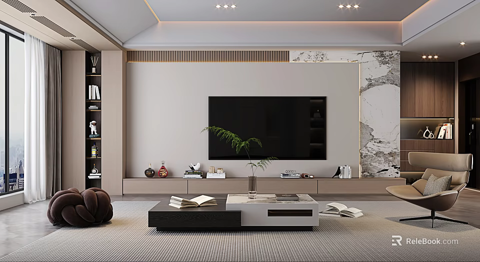 Modern Living Room Interior Design With TV Wall Marble Accent Coffee Table And Decorative Plants 3d model 