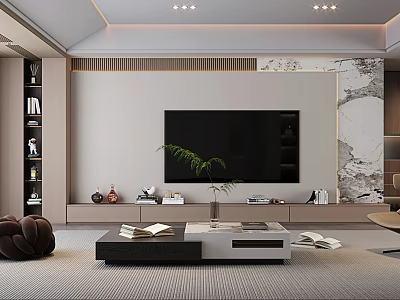 Modern Living Room Interior Design With TV Wall Marble Accent Coffee Table And Decorative Plants 3d model