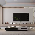 Modern Living Room Interior Design With TV Wall Marble Accent Coffee Table And Decorative Plants