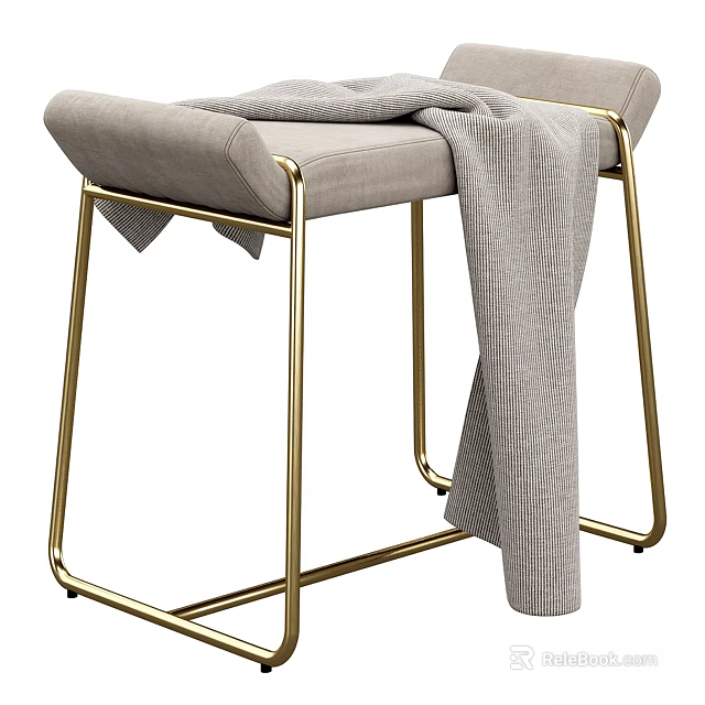 Modern Upholstered Stool With Light Gray Fabric Gold Metal Legs And Gray Blanket Draped 3d model 