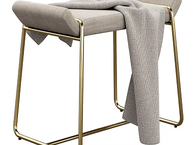 Modern Upholstered Stool With Light Gray Fabric Gold Metal Legs And Gray Blanket Draped 3d model