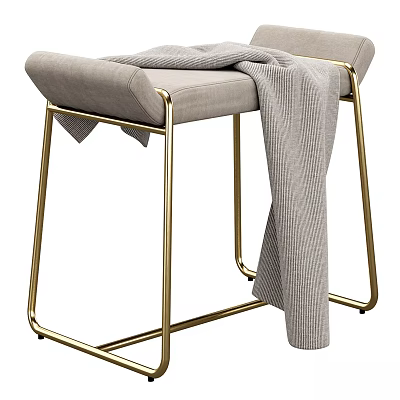 Modern Upholstered Stool With Light Gray Fabric Gold Metal Legs And Gray Blanket Draped 3d model