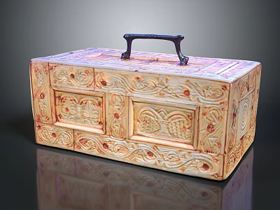 Decorative Wooden Storage Box with Intricate Carved Patterns and Black Handle 3d model