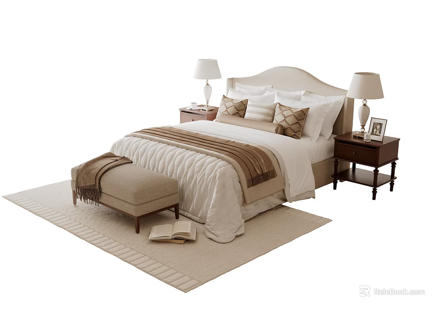 Double Bed Interior With White Bedding Nightstands Table Lamps Decorative Pillows Ottoman And Soft Rug 3d model 