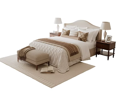 Double Bed Interior With White Bedding Nightstands Table Lamps Decorative Pillows Ottoman And Soft Rug 3d model