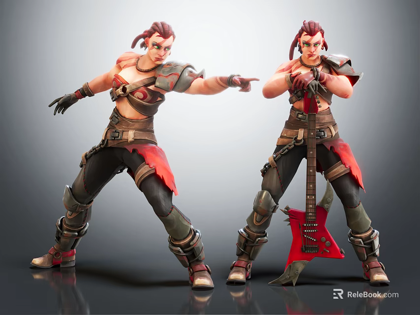 Two Female Warriors With Red Hair In Combat Outfits Holding Electric Guitar Striking Action Poses 3d model 