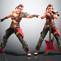 Two Female Warriors With Red Hair In Combat Outfits Holding Electric Guitar Striking Action Poses