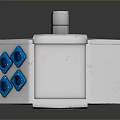 Gray Cubic Industrial Component With Blue Hexagonal Holes Top Cylindrical Part And Side Metal Fitting