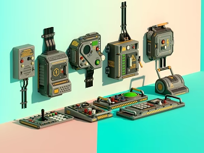 Vintage Electronic Control Devices With Buttons Knobs Antennas And Various Casings 3d model