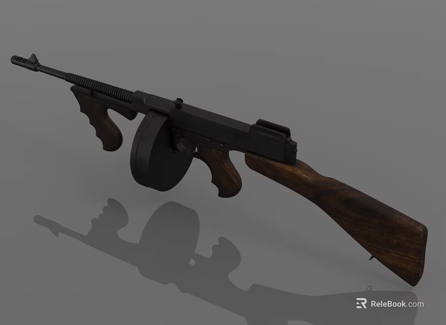 Classic Submachine Gun With Black Metal Body Wooden Stock And Drum Magazine 3d model 
