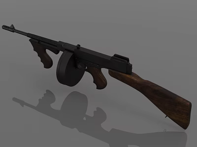 Classic Submachine Gun With Black Metal Body Wooden Stock And Drum Magazine 3d model