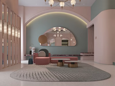 Elegant Modern Clubhouse Interior Featuring Round Mirror Chandelier Pink Sofa And Patterned Rug 3d model