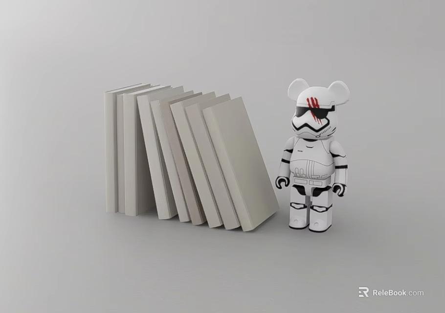 Stack of Gray Books Next to White Black Bear Figurine With Red Markings 3d model 