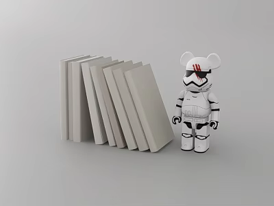Stack of Gray Books Next to White Black Bear Figurine With Red Markings 3d model