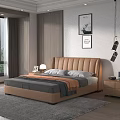 Modern Luxury Bedroom With Leather Headboard Double Bed Gray Orange Bedding Nightstand Wall Art Carpet