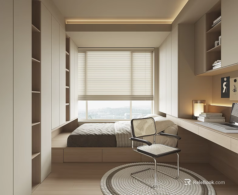 Modern Minimalist Tatami Bedroom Interior With Window Blinds Built in Cabinet Desk Chair And Rug 3d model 