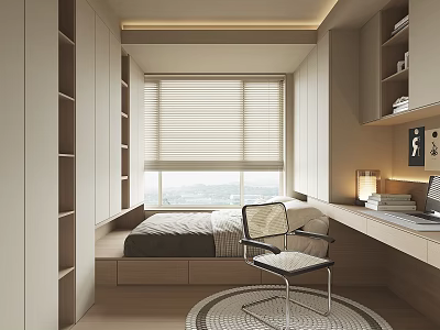 Modern Minimalist Tatami Bedroom Interior With Window Blinds Built in Cabinet Desk Chair And Rug 3d model