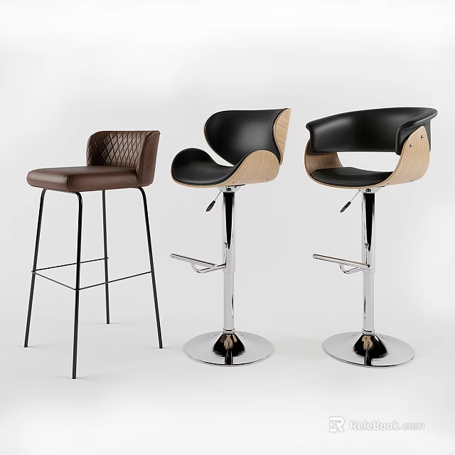 Adjustable Height Bar Stools With Leather Seats Wooden Backrests And Metal Bases 3d model 