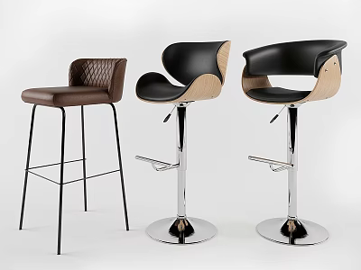 Adjustable Height Bar Stools With Leather Seats Wooden Backrests And Metal Bases 3d model