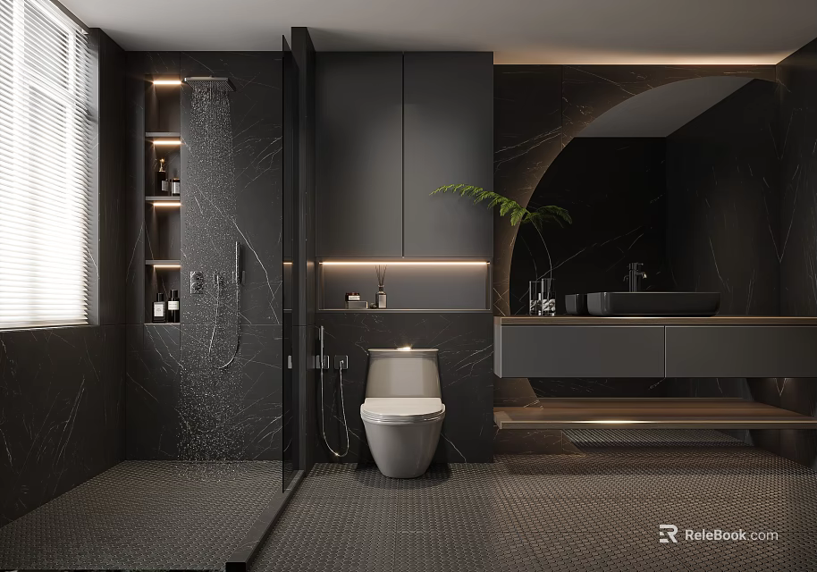 Modern Bathroom Interior Design With Black Walls Glass Shower Marble Vanity And Green Plant 3d model 