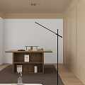 Minimalist Study Room Interior With Wooden Desk Floor Lamps And Woven Wall