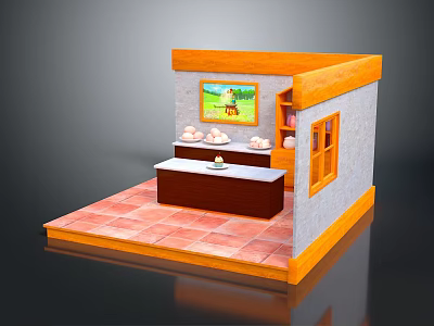 Small Shop Interior With Orange Frame Gray Walls Red Tiles Picture On Wall And Counter Items 3d model