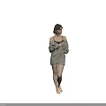 Woman in Plaid Cardigan and Shorts Standing Barefoot Against Gray Background with Hands on Outfit