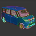 Blue Compact Van 3D Model with Modern Design on Reflective Dark Background