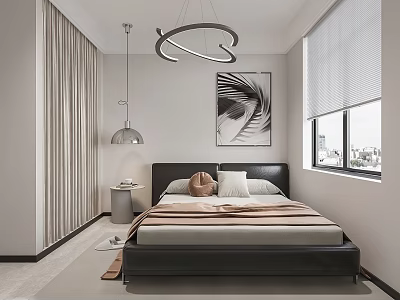 Modern Bedroom Interior With Black Bed Circular Pendant Light And Wall Art 3d model