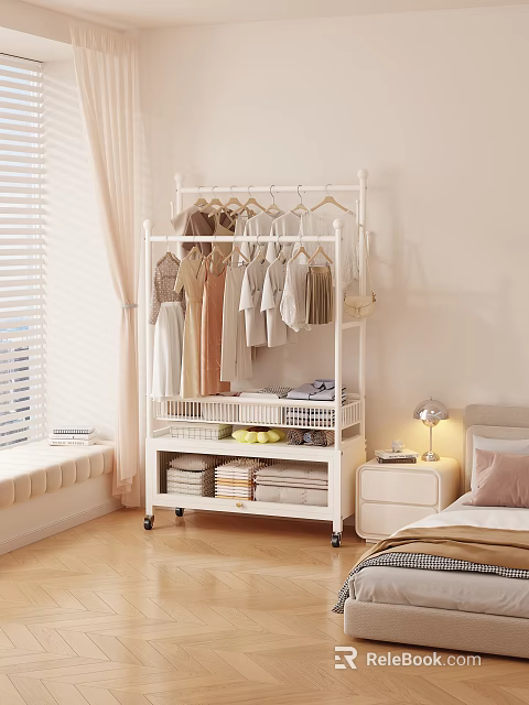 White Mobile Clothes Rack with Multiple Hanging Rods and Storage Shelves in Cozy Bedroom Interior 3d model 