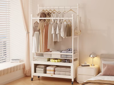 White Mobile Clothes Rack with Multiple Hanging Rods and Storage Shelves in Cozy Bedroom Interior 3d model