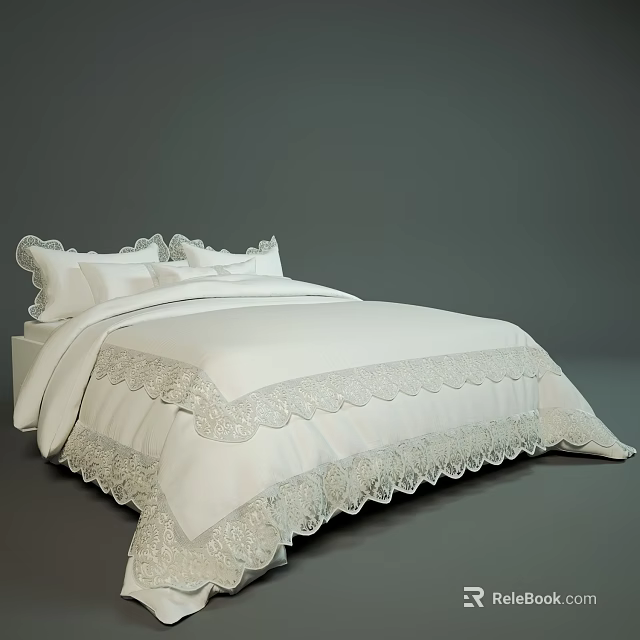 Double Bed with White Linen Bedding Delicate Lace Trim and Soft Pillows 3d model 